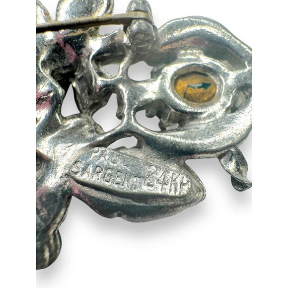 Paul Sargent 24KP Brooch With Green Clear Crystals Floral Design - Picture 3 of 9